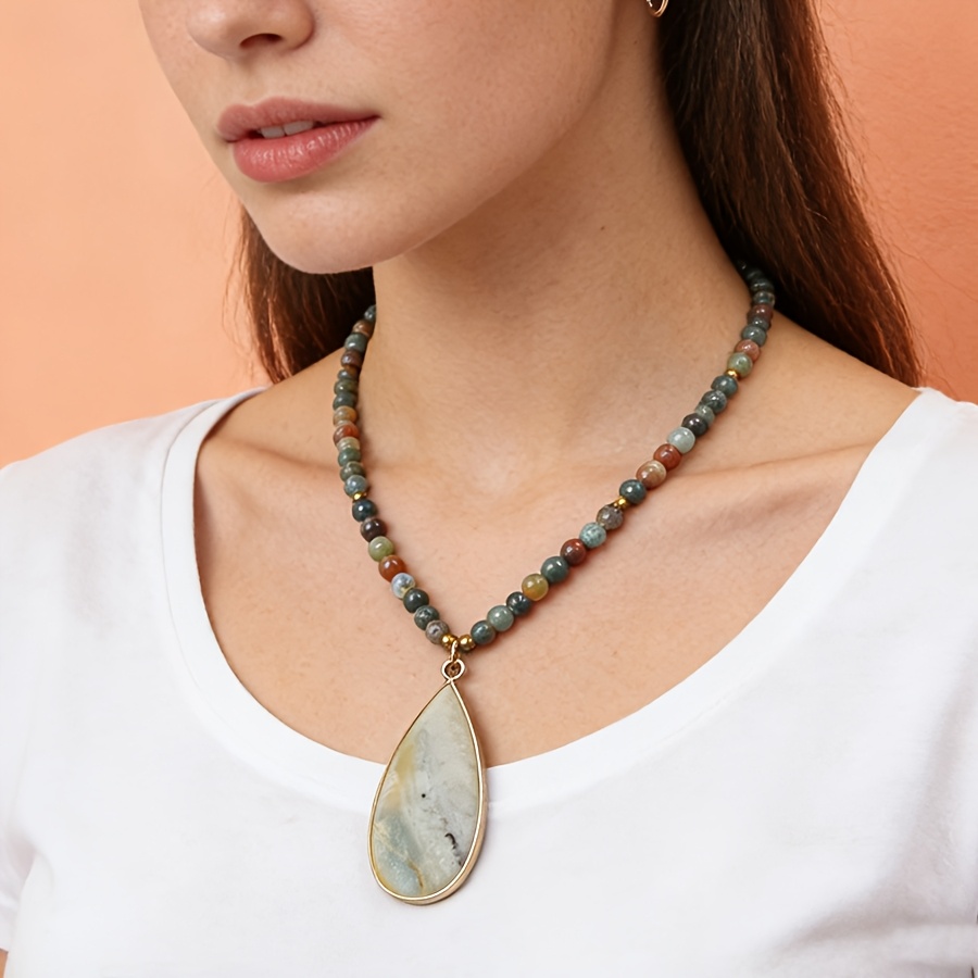 Retro Amazonite Teardrop Pendant Agate Necklace, Gift for Mom